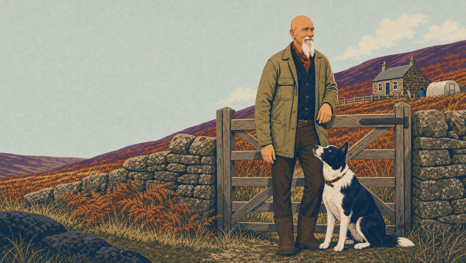 Railway-poster illustration of Gus at a field gate in a drystone wall, with Whisky the collie at his feet, the stone cottage and polytunnel on the moor behind