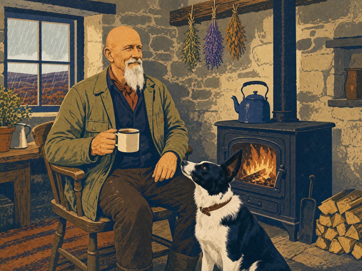 Poster illustration of Gus by the wood stove with a mug of tea, Whisky looking up at him